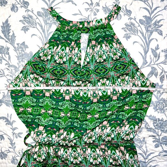 BCBGMAXAZRIA Keelie Asymmetrical Halter Dress - Kelly Green & Pink Floral Print - Picture 4 of 10